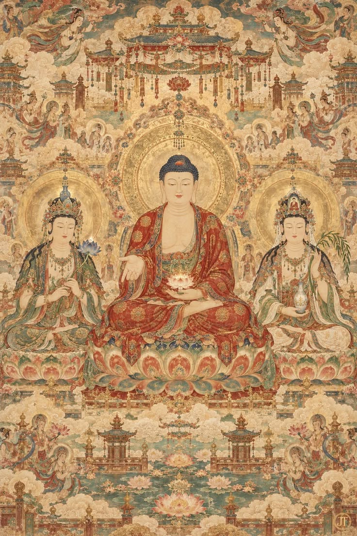 Traditional Buddhist painting of a seated Buddha with two bodhisattvas, honoring the lineage behind Medical Qigong Masters training