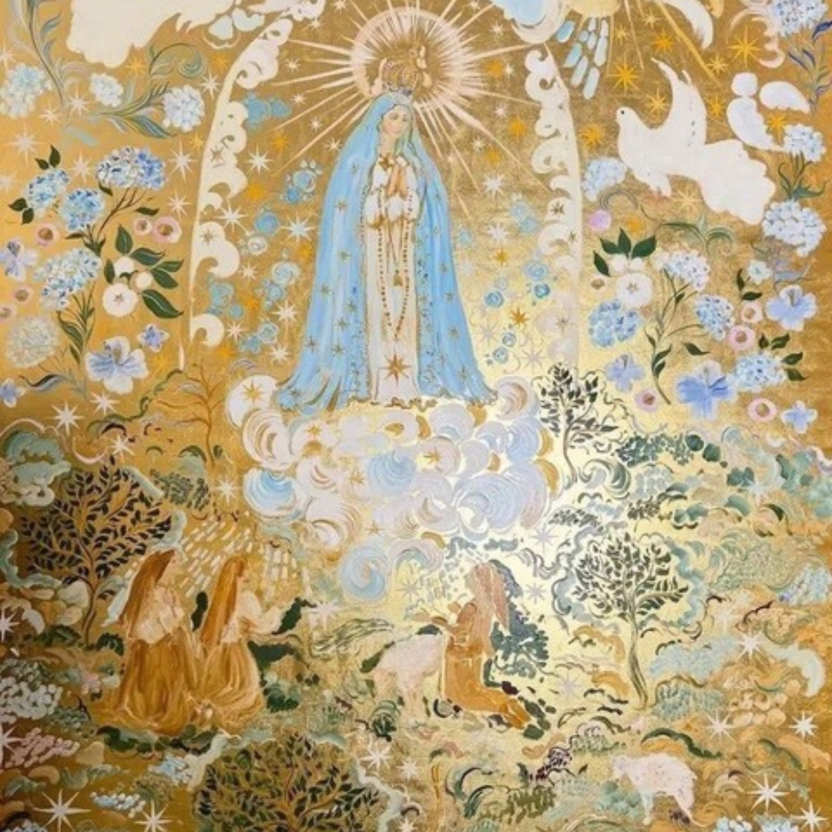 Golden painting of a radiant divine figure with seekers gathered below, representing receiving messages from spirit in mediumship