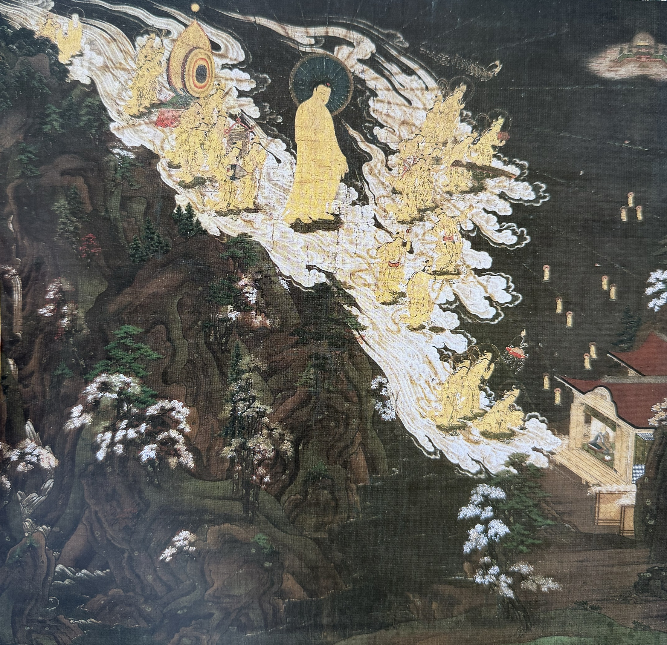 Antique painting of a radiant Buddha and attendant beings descending on clouds over a mountainside, evoking the high guides met in Channeling Level 2