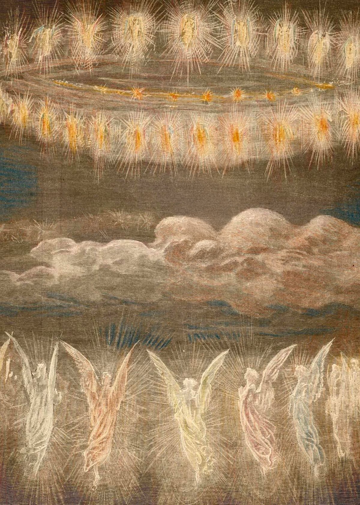 Winged beings of light beneath a ring of radiant figures, for spirit communication and mediumship training