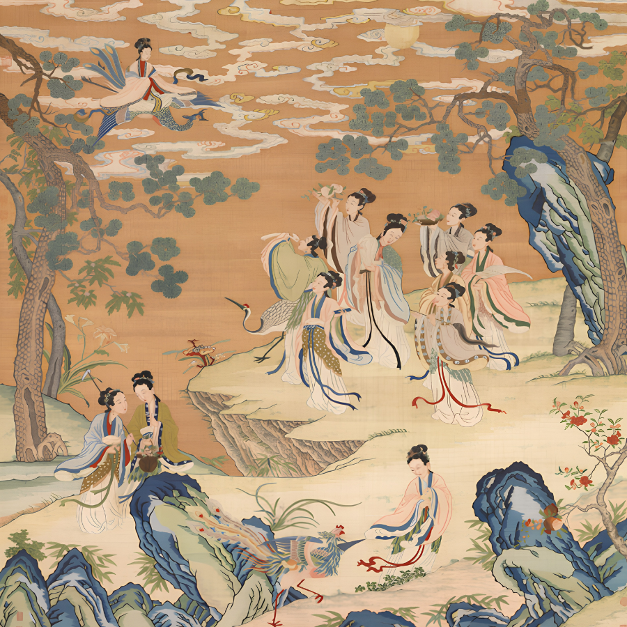 Classical Chinese painting of figures gathered in a garden beside a peacock, for free online healing clinics at Empty Mountain Institute