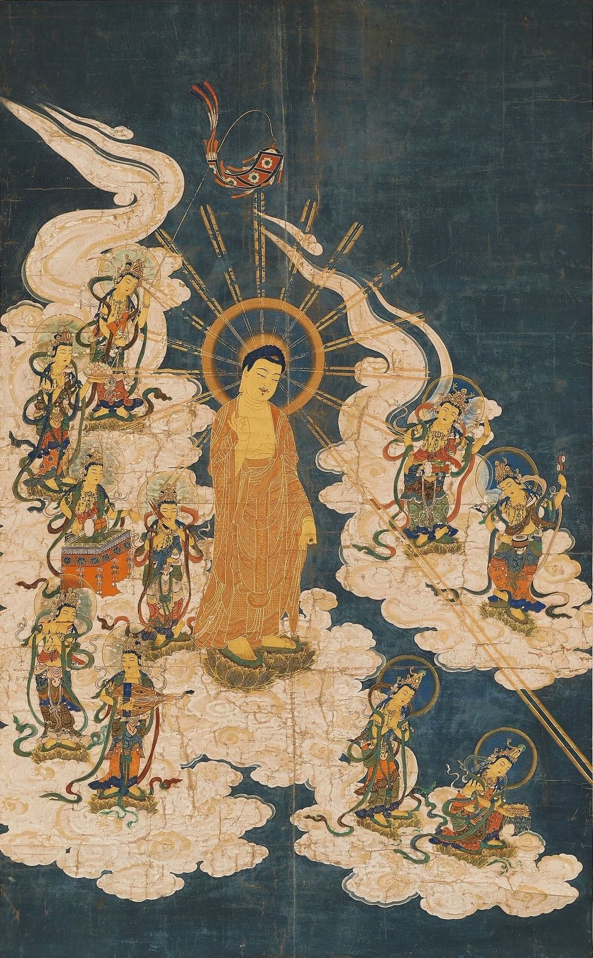 Buddhist painting of a radiant Buddha surrounded by attendant figures on clouds, for courses in connecting to and channeling your guides