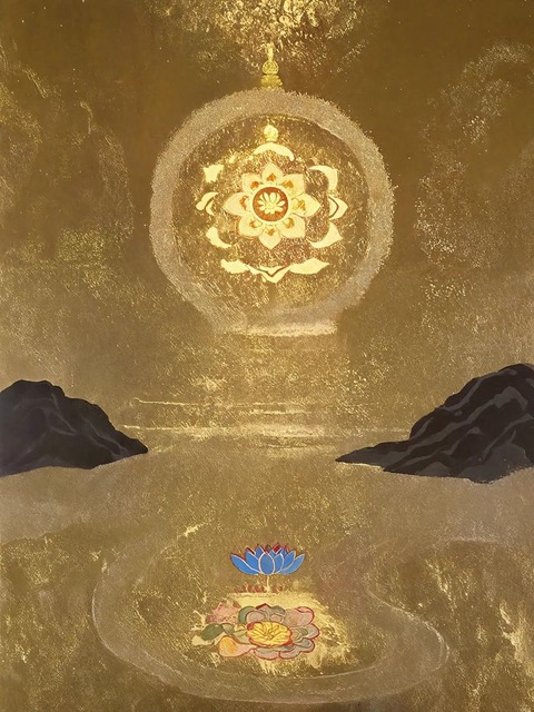Golden mandala of light reflected in still water above a lotus, evoking connection with your spirit guides