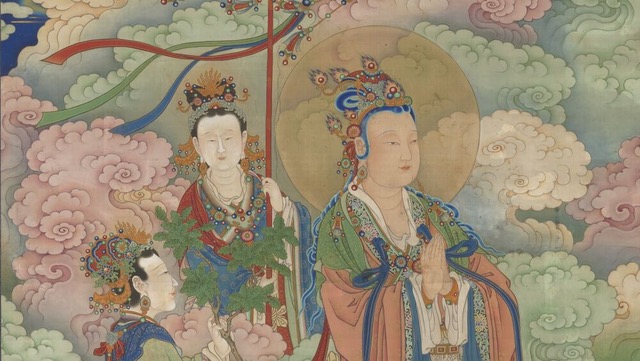 Painting of two celestial figures among peonies and clouds, for the Nine Days of Transformation qigong and meditation series