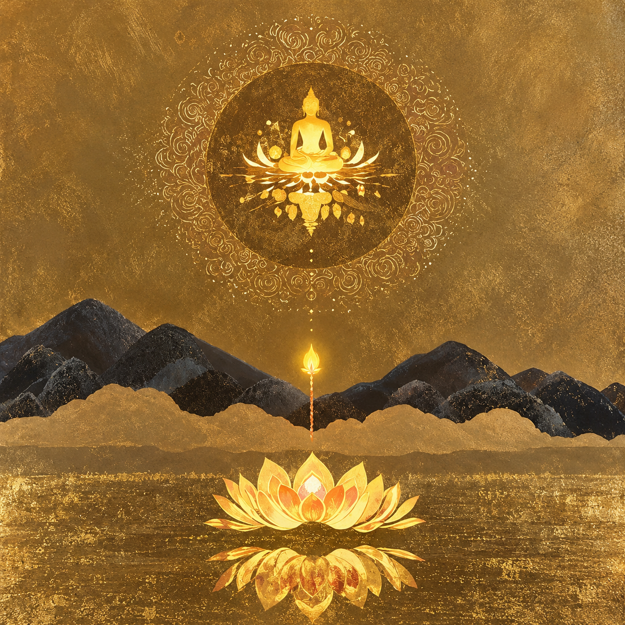 Golden figure of light seated within a radiant circle above the mountains, for the Radiance Self-Exciting Light Body course